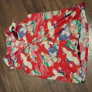 CLIO Red and Cream Vintage Crane Collared Sleeveless Button Down Top A28